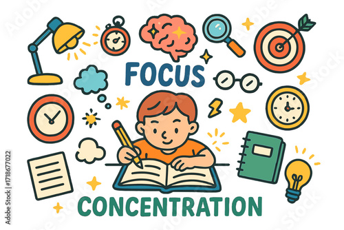 Study Essentials Doodle. Colorful Hand-drawn doodle Children illustration focus and concentration open book, pencil, desk lamp, stopwatch, brain with sparkles,