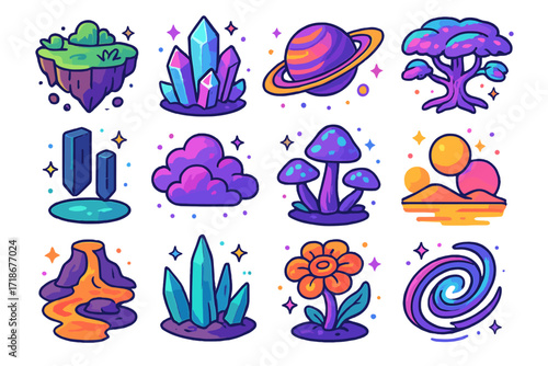 Alien World Icons. Colorful isometric vector icons set of Alien worlds: floating rock islands, glowing crystal mountains, multi-ringed planets, alien tree with