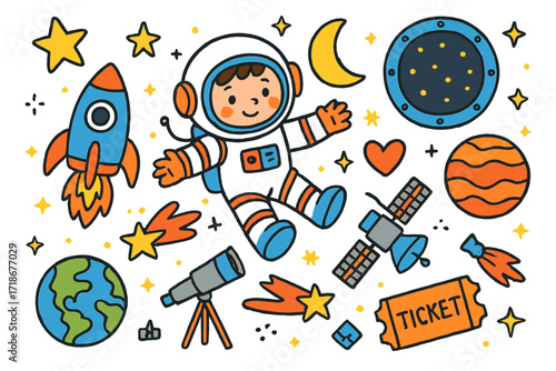 Floating Astronaut Doodles. Zero gravity. Colorful Hand-drawn doodle Children illustration floating astronaut, rocket, star, moon, planet, spaceship window,