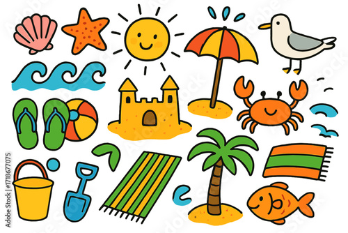 Beach Doodle Fun. Colorful Hand-drawn doodle Children illustration Shore seashell, starfish, wave, sandcastle, beach umbrella, crab, seagull, sun, flip-flops,