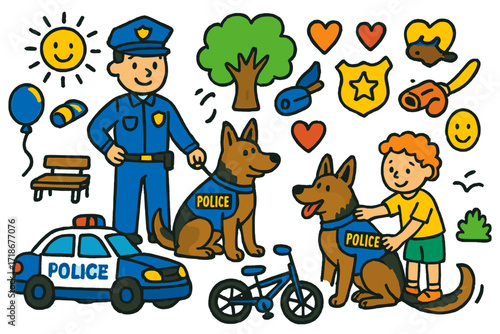 Community Policing Fun. Colorful Hand-drawn doodle Children illustration Police dogs with community [police officer, police dog, leash, patrol car, child