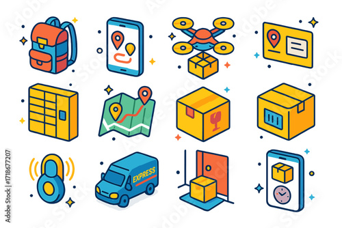 Colorful Delivery Icons. Colorful isometric vector icons set of online shopping delivery: courier backpack, parcel tracking screen, delivery drone, address