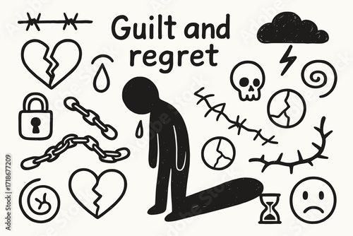 Guilt and Regret Doodles. Hand-drawn doodle illustration Guilt and regret shadow [person silhouette, shadow, broken heart, lock, chain, cloud, teardrop,