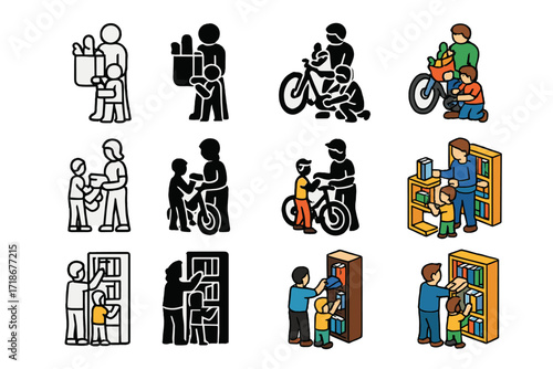Family Teamwork Icons. Icon Set of Family teamwork: carrying groceries, fixing a bike, arranging books. Icons set in vector style, emblematic variations.