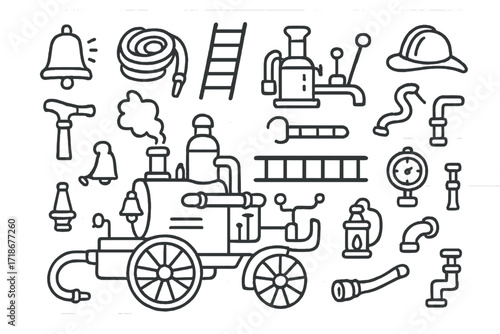 Steam-Powered Fire Engine Icons. Hand-drawn doodle illustration Steam-powered fire engines [fire truck, bell, hose, ladder, steam engine, smokestack, nozzle,
