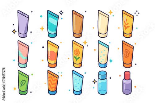 Colorful Cosmetic Icons. Colorful isometric vector icons set of cosmetic tube design: matte lotion tube, glossy face cream tube, metallic tinted moisturizer,
