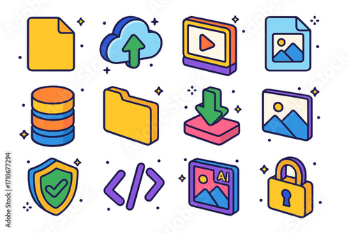 Colorful Isometric Icons Set. Colorful isometric vector icons set of Flat + 3D Digital Assets: file icon, cloud upload, media player, document thumbnail,