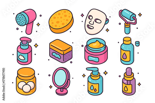 Facial Care Icons. Colorful isometric vector icons set of facial care tools: cleansing brush, exfoliating sponge, LED face mask, cooling roller, cleansing foam