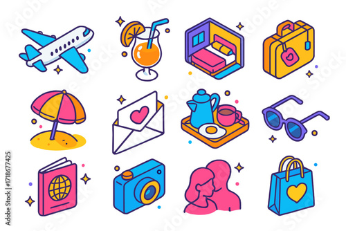 Honeymoon Icons Set. Colorful isometric vector icons set of honeymoon moments: airplane, tropical drink, hotel suite, suitcase with heart tag, beach umbrella,