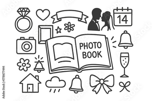 Wedding Doodle Icons. Hand-drawn doodle illustration Wedding and anniversary photo book [wedding ring, heart, bride and groom silhouette, ribbon, photo frame,