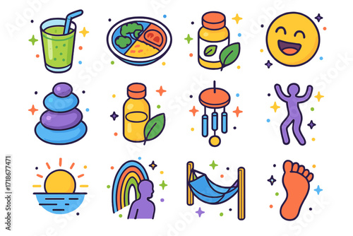 Wellness Lifestyle Icons. Colorful isometric vector icons set of wellness lifestyle: smoothie glass, balanced plate, herbal supplement, zen stone stack,