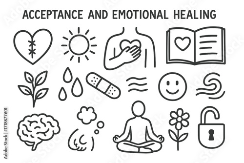 Healing Doodle Symbols. Hand-drawn doodle illustration Acceptance and emotional healing [heart with stitches, light ray, hand on heart, open journal, sun,