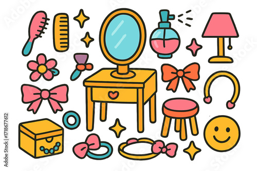 Children's Dressing Table Doodles. Colorful Hand-drawn doodle Children illustration Dressing table set brush, comb, mirror, perfume, ribbon, flower clip,