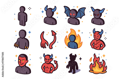 Demonic Transformation Icons. Colorful isometric vector icons set of demonic transformation stages: human silhouette, horns appearing, red eyes,