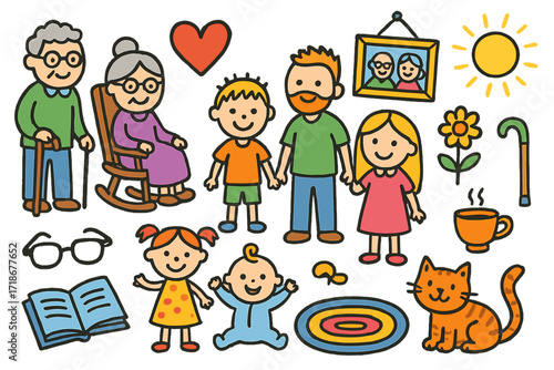 Multigenerational Family Doodles. Colorful Hand-drawn doodle Children illustration Multigenerational Family grandparents, parents, kids, baby, heart, rocking