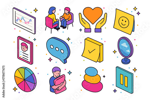 Emotional Wellness Icons. Colorful isometric vector icons set of emotional wellness activities: emotion tracker chart, therapy session icon, empathy heart,