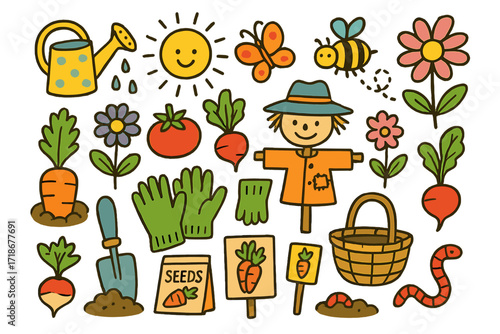 Garden Doodle Fun. Colorful Hand-drawn doodle Children illustration Garden patch carrot, tomato, radish, watering can, trowel, seed packet, gloves, sun,