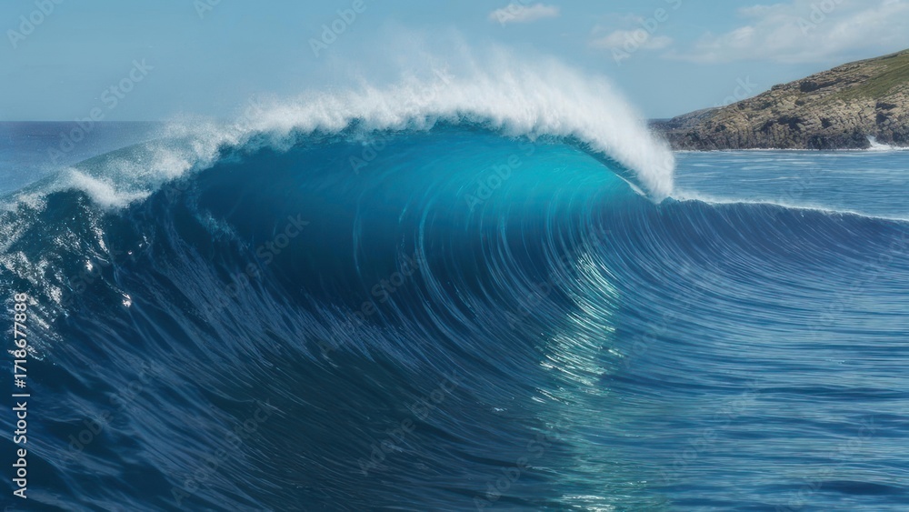 Obraz premium Powerful, crystal-clear turquoise wave barrels dramatically against a sunny blue sky with distant rugged coastline providing a breathtaking natural spectacle.