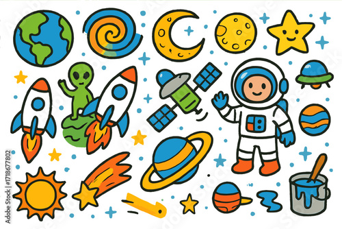 Colorful Space Doodle. Colorful Hand-drawn doodle Children illustration Outer space mural planet, rocket, astronaut, moon, stars, alien, UFO, galaxy swirl,