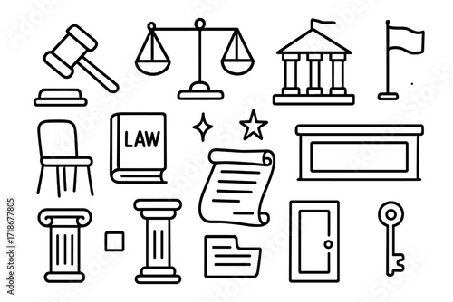 Minimalist Courtroom Illustration. Hand-drawn doodle illustration Minimalist courtroom [gavel, scales of justice, courthouse outline, empty chair, bench,