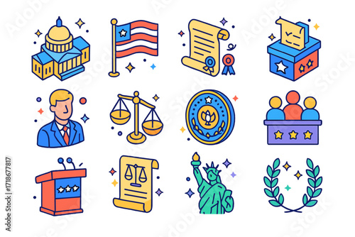 Republic Symbols Icons. Colorful isometric vector icons set of Republic symbols: capitol building, national flag, constitution scroll, voting ballot box,