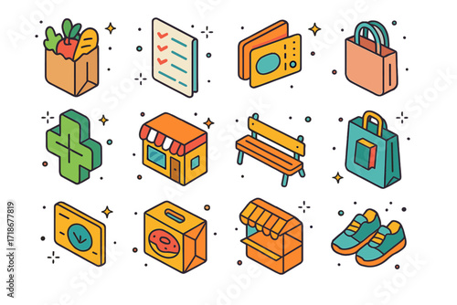 Weekend City Errands Icons. Colorful isometric vector icons set of Weekend City Errands: grocery bag, shopping list, bus ticket, reusable tote, pharmacy sign,