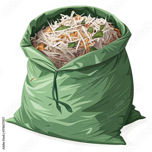 Full green bag brimming with garden debris and organic waste ready for composting or disposal