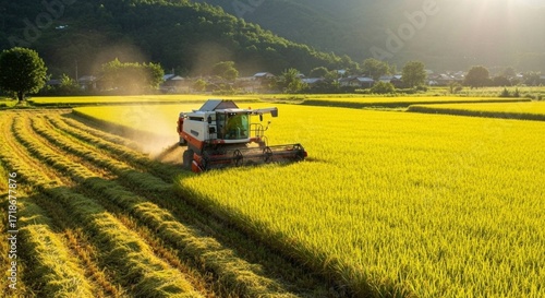 A large combine harvester machine is working in a golden rice field during harvest season, leaving neat rows of cut crops behind.