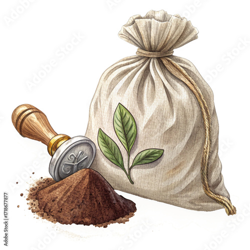 Artistic rendering of a burlap sack with tea leaves and a stamp next to a pile of loose tea, evoking natural wellness and artisanal preparation