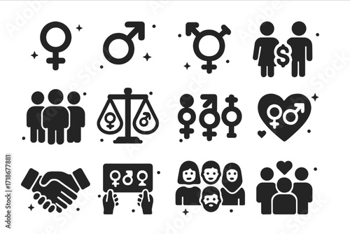Gender Equality Icons. Gender Equality. Solid icons set of female symbol, male symbol, gender-neutral symbol, equal pay, diverse workplace, balance scale,