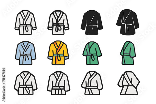 Spa Robe Logos. Set Logo of Spa Robes: Robe with belt tied. Logo set in vector style, emblematic variations. line, bold thick line, solid black filled, solid