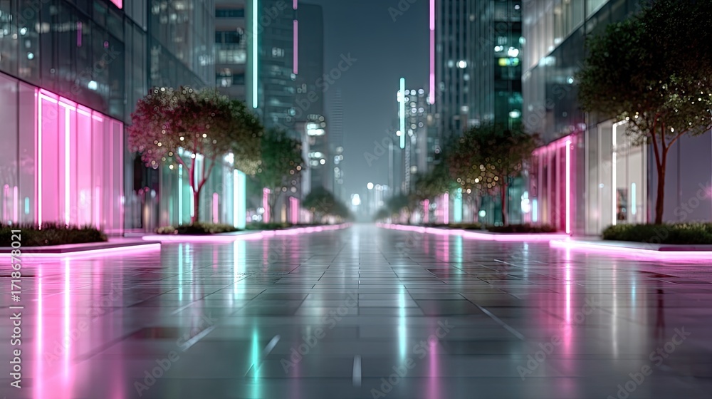 Obraz premium Neon Lit Cityscape with Trees and Reflective Pavement at Night