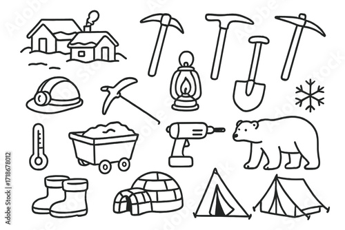 Arctic Mining Doodles. Hand-drawn doodle illustration Arctic mining camp, ice pick, snow shovel, pickaxe, hard hat, lantern, mining cart, drill, ice block,