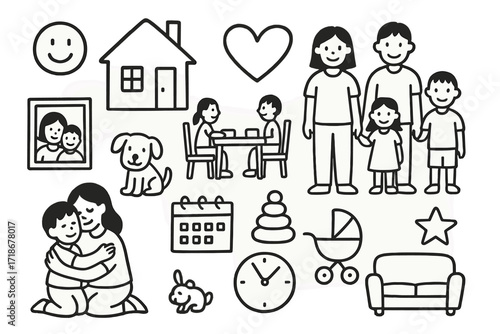 Family Life Icons. Hand-drawn doodle illustration [family life] [parents, children, house, heart, dinner table, smiley face, pet, calendar, photo frame,