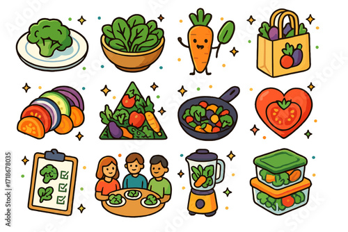 Colorful Vegetable Icons. Colorful isometric vector icons set of the importance of eating vegetables: broccoli on plate, spinach salad bowl, happy carrot