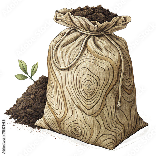 Burlap sack overflowing with compost or rich soil and a tiny seedling sprouting, symbolizing growth and new beginnings in gardening and agriculture