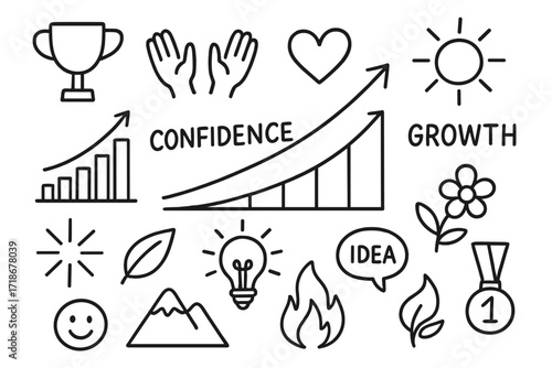 Confidence and Growth Icons. Hand-drawn doodle illustration Confidence and Growth arrow, trophy, open hands, heart, sun, upward chart, lightbulb, flower,