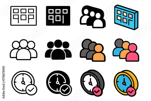 Agile Workflow Icons. Icon Set of Agile Workflow: Sprint board, Scrum team, Deadline clock. Icons set in vector style, emblematic variations. Sprint board