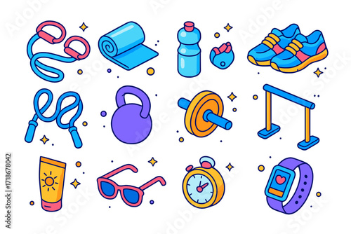 Colorful Workout Gear Icons. Outdoor Workout. Colorful isometric vector icons set of Outdoor Workout: resistance bands, yoga mat, water bottle, running shoes,