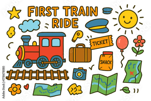 Children's First Train Adventure. Colorful Hand-drawn doodle Children illustration First Train Ride [train, tracks, ticket, conductor hat, whistle, cloud,