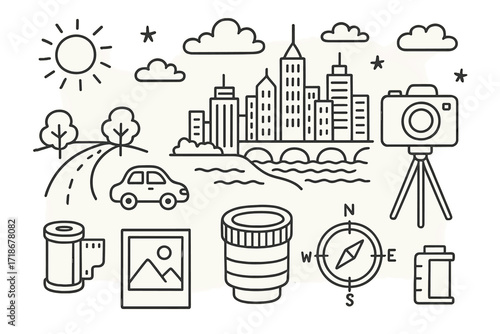 Cityscape Doodle Icons. Hand-drawn doodle illustration cityscape panorama photography skyscrapers, camera, tripod, lens, sun, clouds, trees, road, car, photo