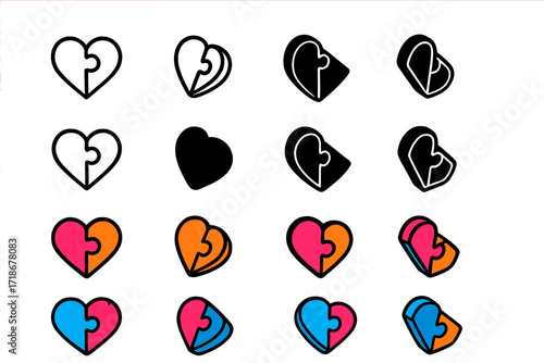 Puzzle Heart Logo. Set Logo of Shared Purpose: Puzzle Heart Halves. Logo set in vector style, emblematic variations. line, bold thick line, solid black filled,
