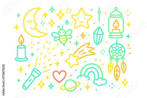 Glowing Night Doodles. Glow in the dark. Colorful Hand-drawn doodle Children illustration moon, star, lantern, candle, firefly, crystal, comet, flashlight,