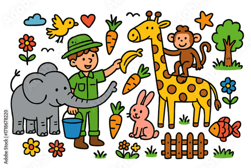 Zoo Feeding Fun. Feeding animals. Colorful Hand-drawn doodle Children illustration zookeeper, elephant, giraffe, monkey, rabbit, bird, fish, carrot, banana,