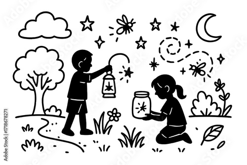Children Catching Fireflies. Hand-drawn doodle illustration Children catching fireflies [child silhouette, jar, firefly, glowing spark, star, moon, tree,