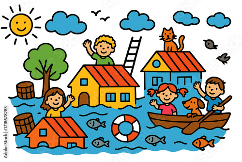 Children's Flood Adventure. Colorful Hand-drawn doodle Children illustration Flooded Town rooftops, water waves, floating barrels, lifebuoy, children waving,