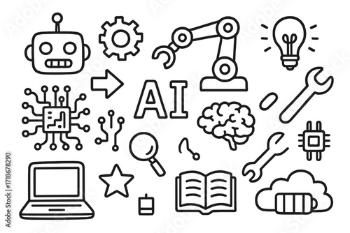 Robotic Icon Doodles. Hand-drawn doodle illustration AI in robotics [robot head, robot arm, gear, brain, circuit board, arrow, light bulb, wrench, laptop,