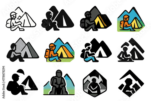 Rock Climber Logos. Set Logo of Rock Climber: Climber at base camp. Logo set in vector style, emblematic variations. line, bold thick line, solid black filled,