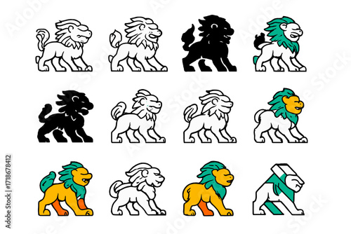 Tibetan Snow Lion Logos. Set Logo of Animals as Symbols of Cultural Significance: Tibetan Snow Lion. Logo set in vector style, emblematic variations. line,