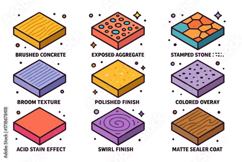 Concrete Texture Icons. Colorful isometric vector icons set of concrete textures and finishes: brushed concrete, exposed aggregate, stamped stone pattern,